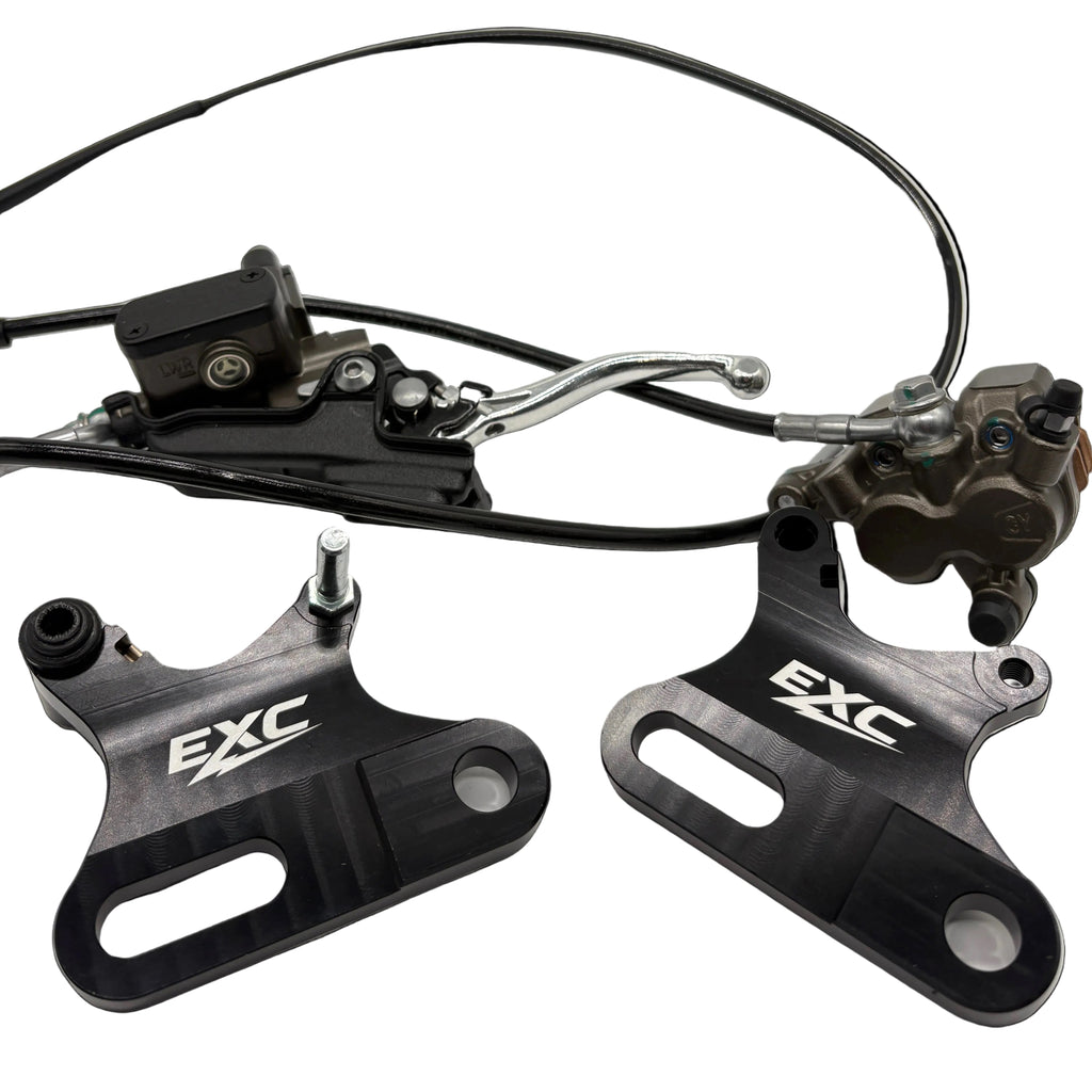 Motorcycle brake lever and caliper with EXC branding on a black background