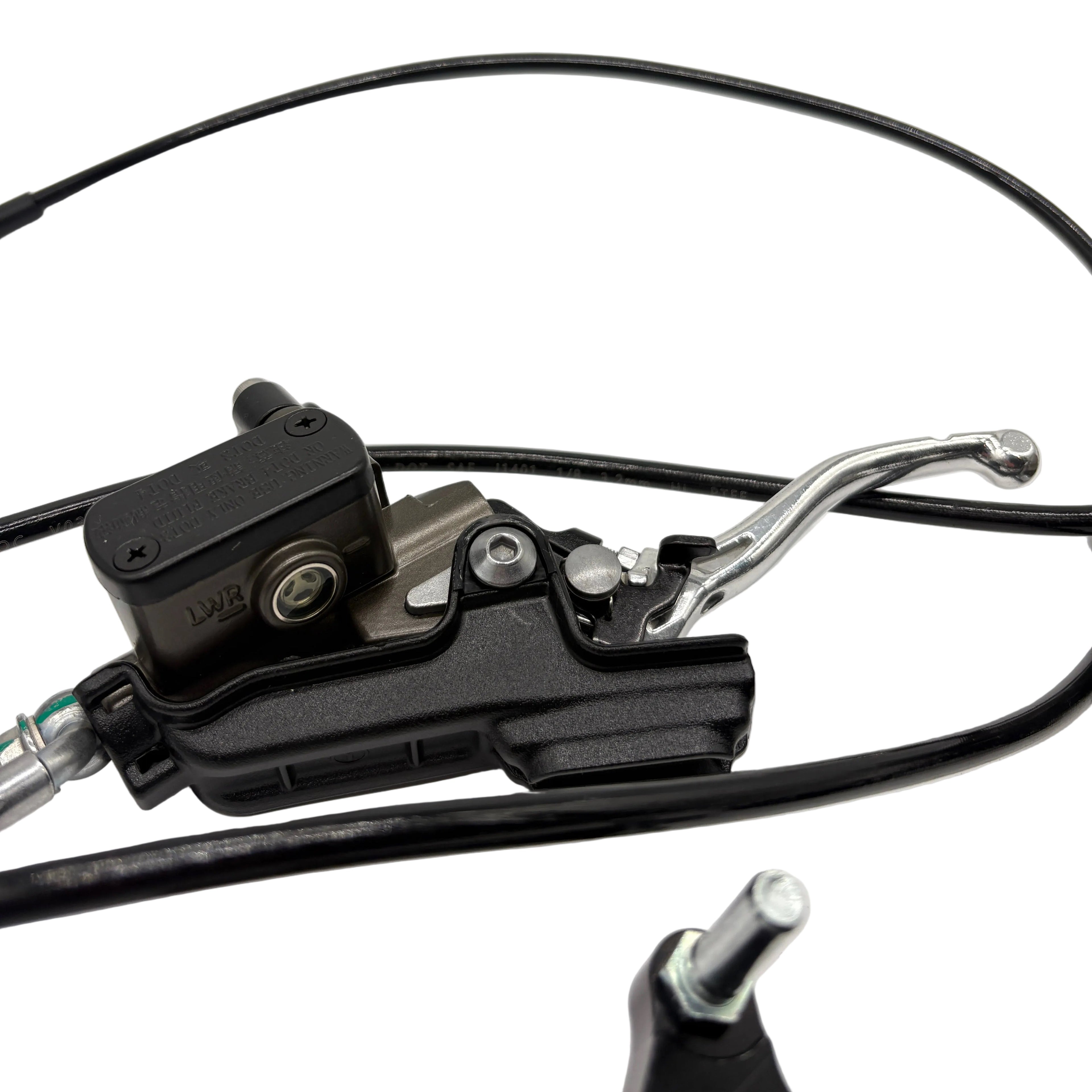 Close-up of a motorcycle brake lever and caliper on a light gray background