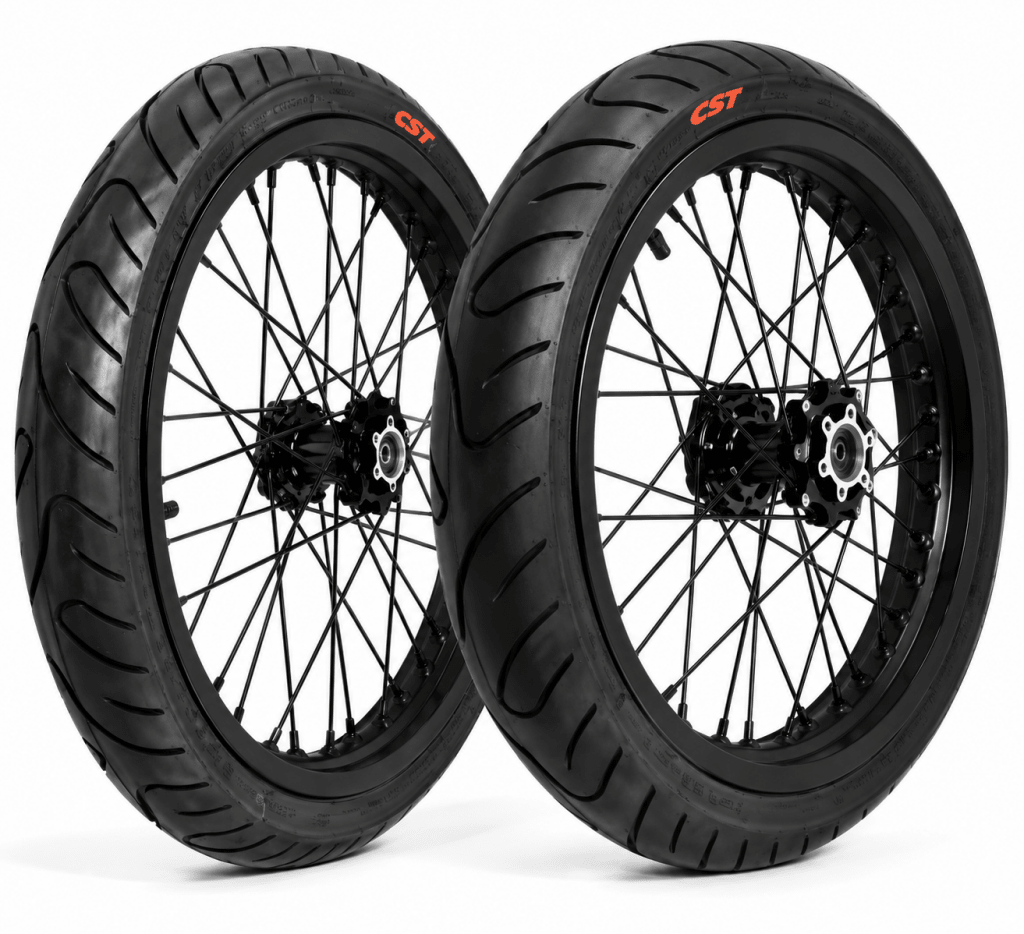 Complete 17in Emoto Super Moto Wheelset (Chrome/Black) - 79Bike/Surron/Eride/Ventus - Spectral Designs