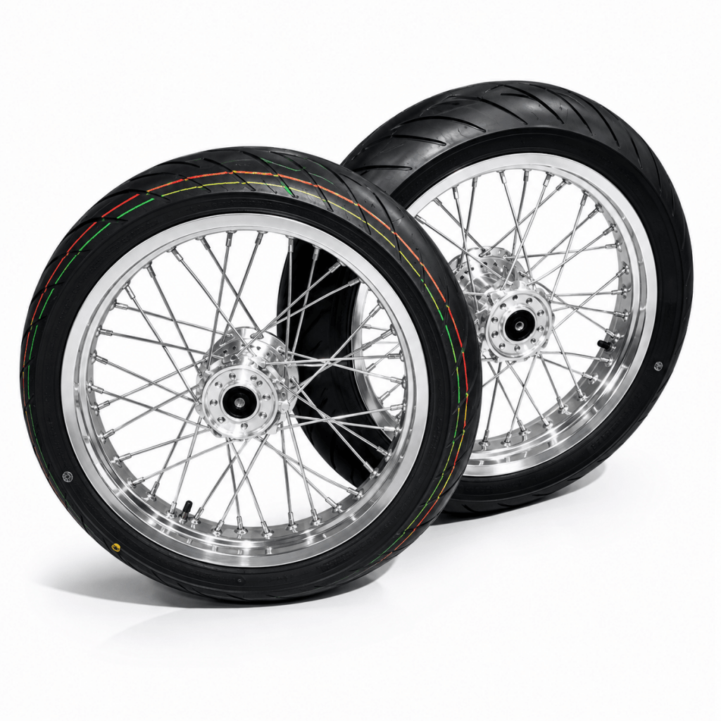 Complete 17in Emoto Super Moto Wheelset (Chrome/Black) - 79Bike/Surron/Eride/Ventus - Spectral Designs