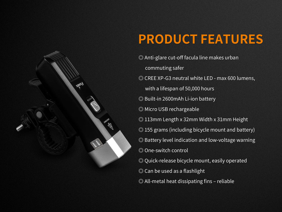 Lampe de vélo à LED Fenix BC25R – 600 lumens, indice de protection IP66